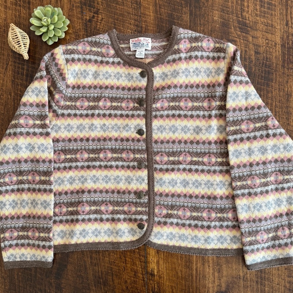 Tally-Ho | Cabincore 100% Wool Button Front Fair Isle Sweater Cardigan, Size XL